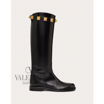 Real quality fake valentino canada Calfskin Leather Roman Stud Boot 15mm for Woman in Black