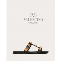Knock off valentino canada store Flat Roman Stud Calfskin Slide Sandal for Woman in Black