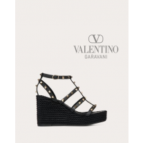 Knock off valentino canada store Rockstud Ankle Strap Wedge Sandal In Calfskin Leather 95 Mm for Woman in Black