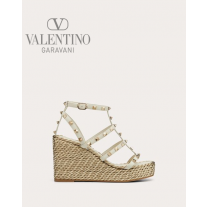 Buy fake valentino canada outlet Rockstud Calfskin Wedge Sandal With Straps 95 Mm for Woman in Light Ivory