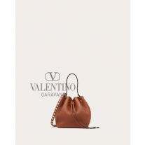 copy valentino canada yorkdale Rockstud Grainy Calfskin Bucket Bag for Woman in Saddle Brown