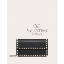 AAA quality fake valentino canada sale Rockstud Grainy Calfskin Chain Pouch for Woman in Black