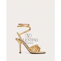 Real quality fake valentino canada Rockstud Strappy Sandal In Metallic Nappa Leather With Crystals 100mm for Woman in Antique Brass
