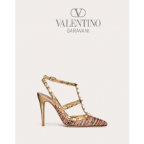 copy valentino canada yorkdale Rockstud Tweed Pump With Straps 100mm for Woman in Gold/multicolor