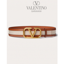 Top quality cheap valentino canada online Vlogo Signature Canvas Belt 40mm for Woman in Beige/saddle Brown