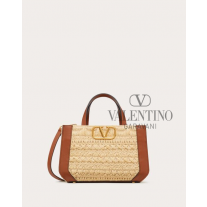 cheap fake valentino canada store Vlogo Signature Handbag With Raffia Embroidery for Woman in Natural/saddle Brown