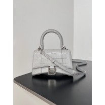 Balenciaga Hourglass Mini Handbag Crocodile Embossed Gray