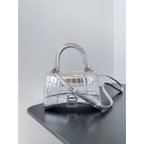Balenciaga Hourglass Mini Handbag Metallized Crocodile Embossed Silver