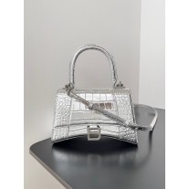 Balenciaga Large Hourglass Handbag 23CM Shiny Crocodile Embossed Silver