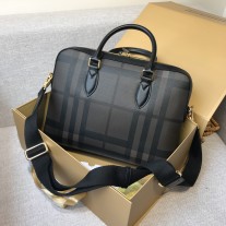 Burberry Check Leather Briefcase 38CM Black Coffee