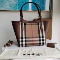 Burberry Grainy Calfskin House Check Small Canterbury Tote Brown