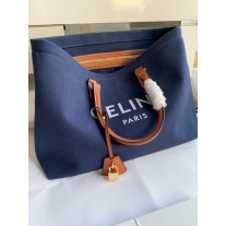 Celine Canvas Calfskin Horizontal Cabas Navy Tan