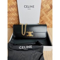 Celine Chain Shoulder Bag Triomphe Shiny Calfskin Black 33CM
