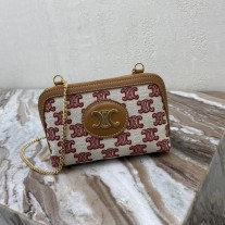 Celine Clutch Chain Triomphe Canvas Lambskin White Tan
