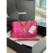 Chanel 19 Handbag 26CM Tweed Gold Ruthenium-tone Rose Pink