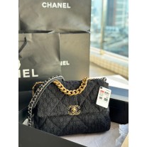 Chanel 19 Handbag 30CM Tweed Gold Ruthenium-tone AS1161 All Black