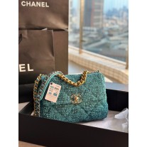 Chanel 19 Handbag 30CM Tweed Gold Ruthenium-tone AS1161 Blue