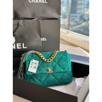 Chanel 19 Handbag 30CM Tweed Gold Ruthenium-tone AS1161 Green