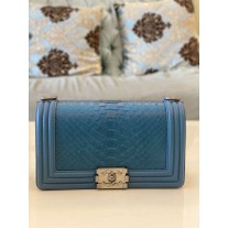 Chanel 25cm Le Boy Python Leather Chain Bag Dark Blue
