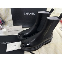 Chanel Ankle Boots Patent Cap Toe and Calf Leather Black