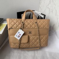 Chanel Calfskin Quilted Ultra Pocket Shopping Tote Beige