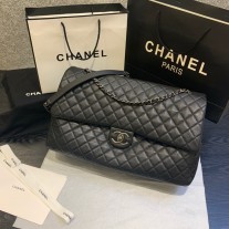 Chanel Classic XXL Large Flap Travel Bag Metallic Calfksin A91169 Black