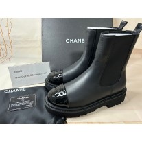 Chanel Crumpled Ankle Boots Calfskin Patent Cap Toe Black