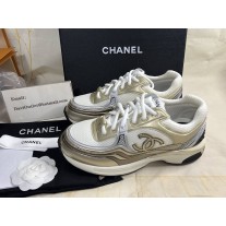 Chanel Women CC Sneakers Fabric Laminated Calfskin Stretch White Gold Silver