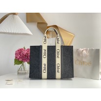 Chloé Large Woody Linen Tote Black Grey