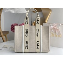 Chloé Large Woody Linen Tote White