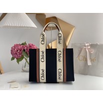Chloé Medium Woody Linen Tote Black Brown