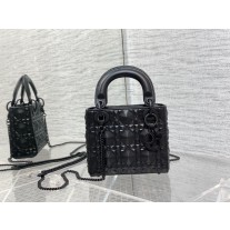 Dior Lady Dior Bag 17CM Cannage Calfskin with Diamond Motif Black