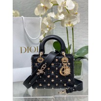 Dior Small Lady Dior My ABCDior Bag Black Cannage Lambskin with Gold-Finish Zodiac Sign Studs