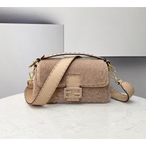 Fendi Baguette Lambswool Reversible Flap Bag Beige