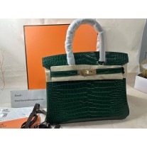 Hermes Birkin 30 Bag In Green Crocodile Shiny Skin Gold Hardware