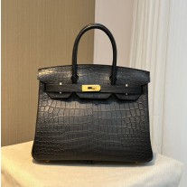 Hermes Birkin 30cm Bag Crocodile Embossed Gold Hardware Nile Black