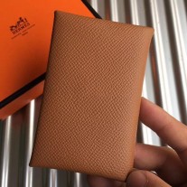 Hermes Calvi Card Holder In Gold Epsom Leather