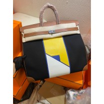 Hermes Hac Birkin Bag 50cm Barenia and Toile Flag Brushed Palladium Hardware