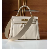Hermes Lakis Kelly Bag Swift Leather Toile Gold Plated 28CM Craie