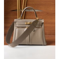 Hermes Lakis Kelly Bag Swift Leather Toile Gold Plated 28CM Étoupe