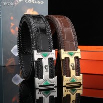 Hermes Men Leather Belt Crocodile Embossed 38mm Black Brown