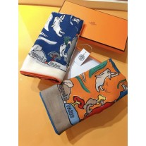 Hermes Women Animals Pattern Scarf Wraps Square Shawl Orange/Blue