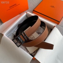 Hermes Women Reversible Leather Belt 32mm Grained Calfskin Brown
