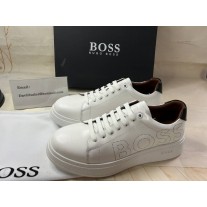 Hugo Boss Men's White Bulton Leather Trainers With Lasered Logo