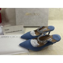 Jimmy Choo Bing 65mm Suede Mules Crystal Strap Blue