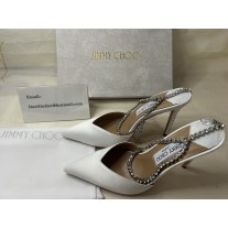 Jimmy Choo Saeda 100mm Ivory Satin Pumps with Crystal Embellishment