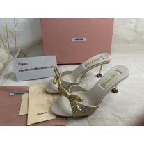 Miu Miu Rhinestone Embellished 85mm Mules Beige