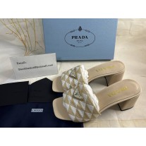 Prada Embroidered Fabric Sandals Heeled Slide 65mm in Beige and White