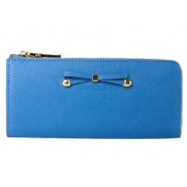 Prada Saffiano Zipper Wallet With Bow Detail Blue