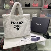 Prada Terry Embroidered Tote Bag 1BG130 White